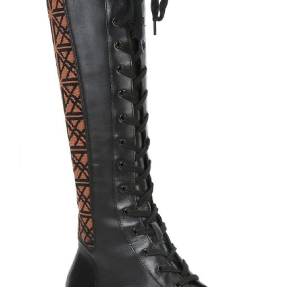 Antonio Melani Boots Women's Size 6 Black Logo Print Tall Combat Lug Sole - Picture 2 of 15